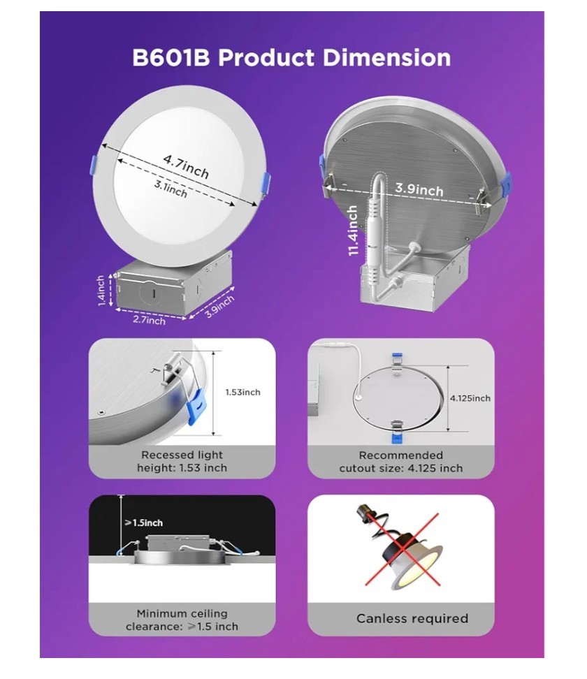 Govee Smart Recessed Lighting 4 Inch RGBWW Wi-Fi Bluetooth 4-Pack