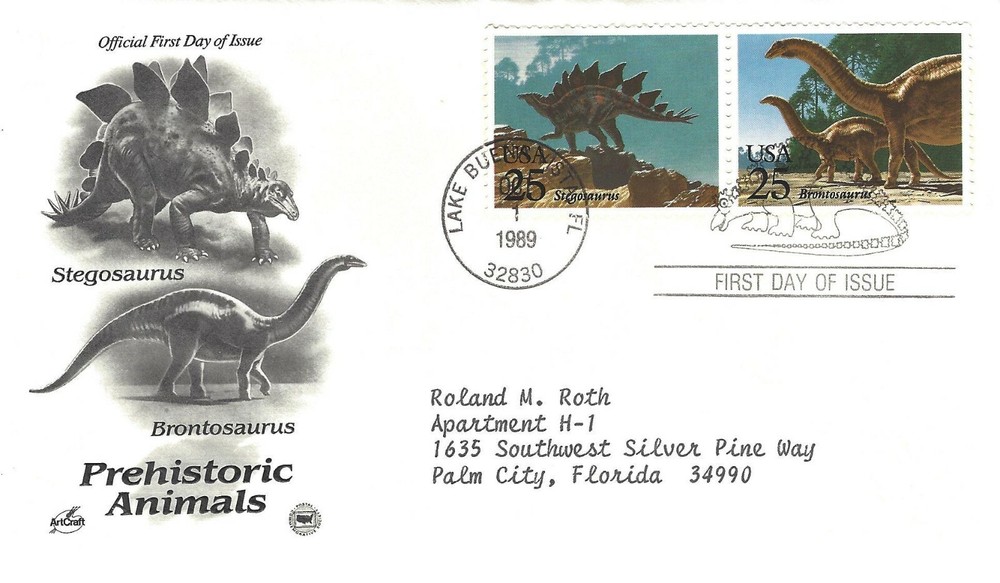 STAMP US SCOTT 2424 & 2425 "Stegosaurus-Apatosaurus" 25CENT 1989 FDC - A