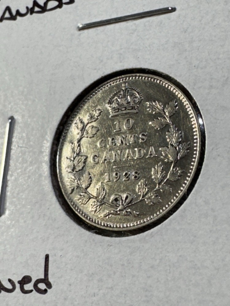 1928 Canada 10 Cents Silver Coin Cleaned