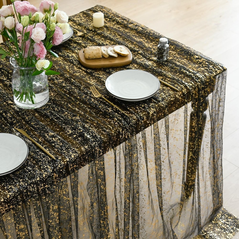Black Gold Gauze Tablecloth 60x104 Inch Rectangular Sequin Glitter Metallic