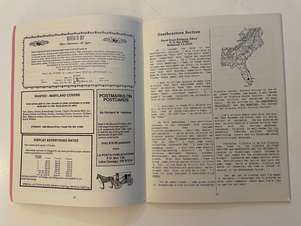 La Posta: Journal American Postal History, Sep. 1988 V19 N4 Locy + Lexington VA
