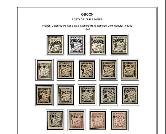 COLOR PRINTED OBOCK 1892-1894 STAMP ALBUM PAGES (5 illustrated pages)