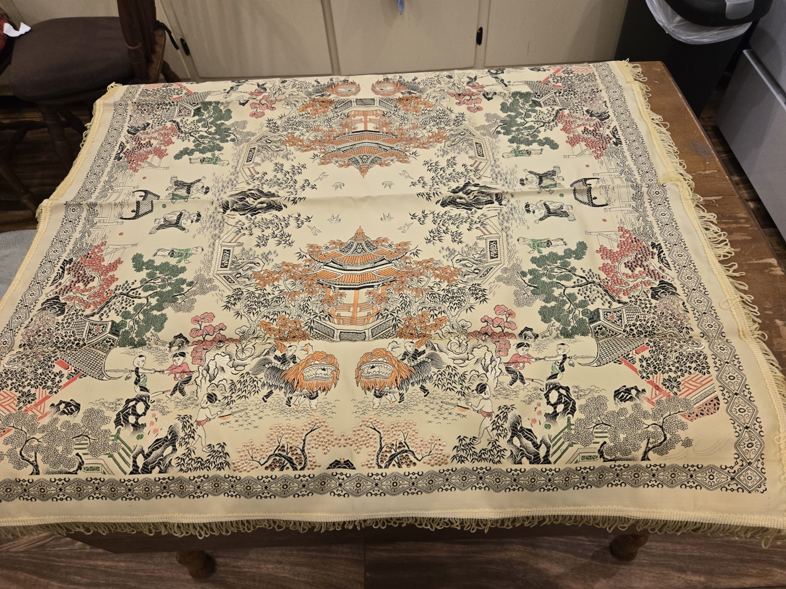 VTG NOS Brocaded Chinese Silk Tapestry Tablecloth 38" x 38" Late 70's-Early 80's