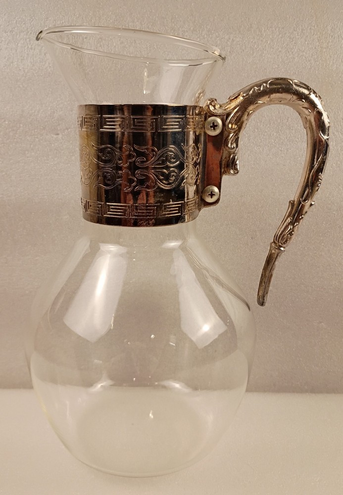 Clear Glass Pitcher With Silver Collar And Handle Vintage Decorative...