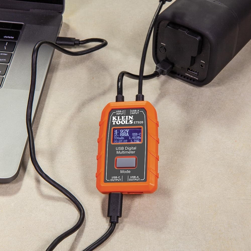 Compact Orange USB Power Meter - Easy Setup, Overload Detection & Data Storage