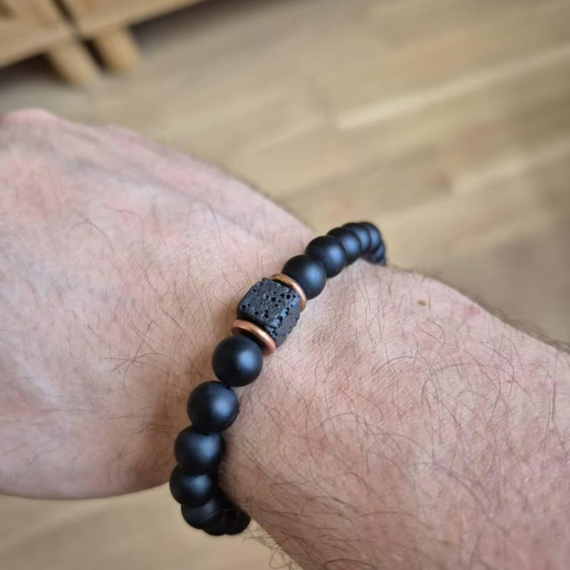 Mens Premium Matte Black Onyx with Lava Beads Grounding Protection Bracelet