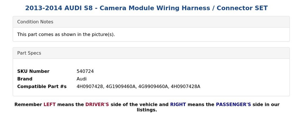 2013-2014 AUDI S8 - Camera Module Wiring Harness / Connector SET