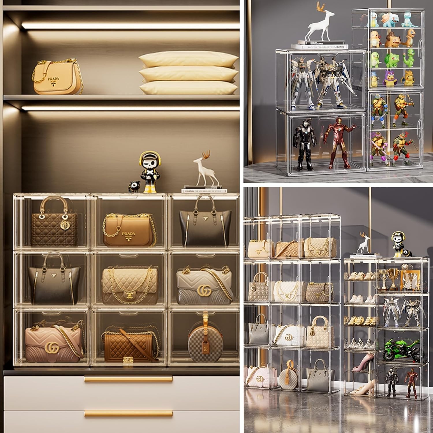 Clear Acrylic Display Case, Stackable Plastic Storage Bins with Magnetic Attract