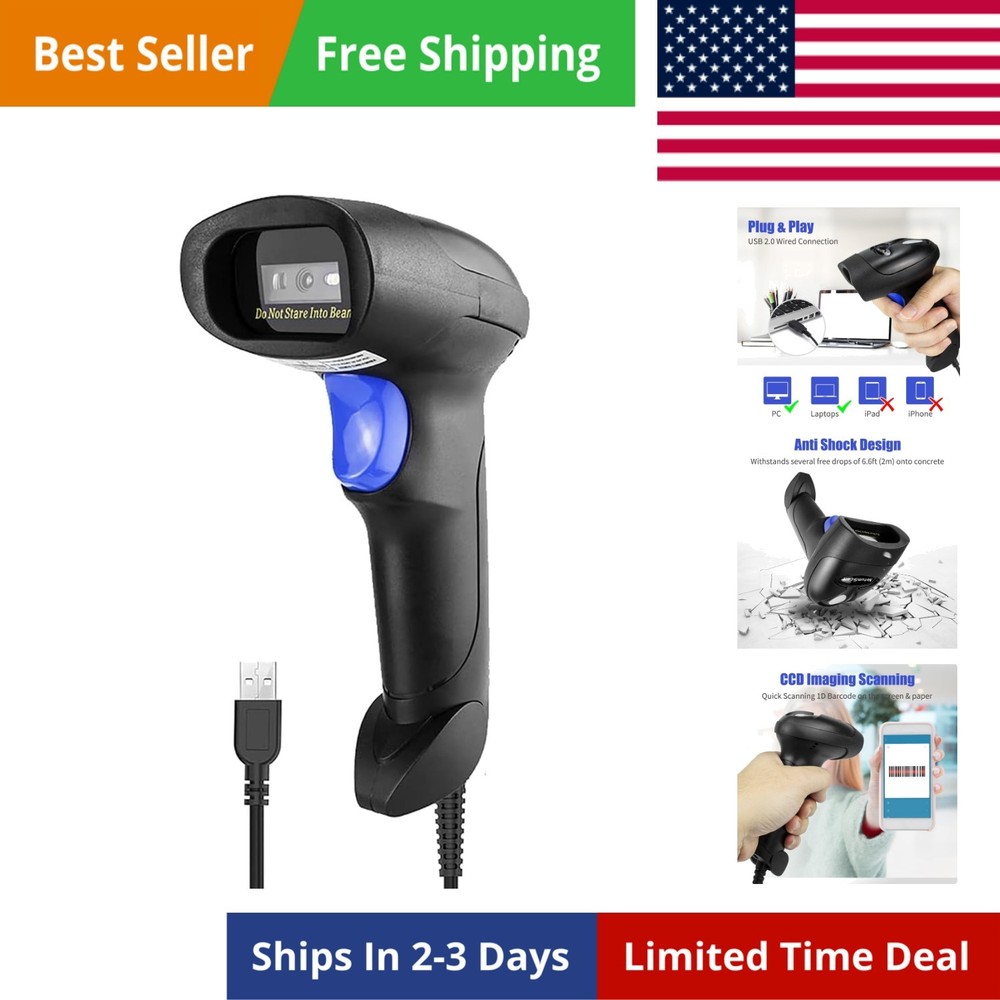 USB 1D Barcode Scanner, Handheld Wired CCD Barcode Reader Supports Screen Sca...