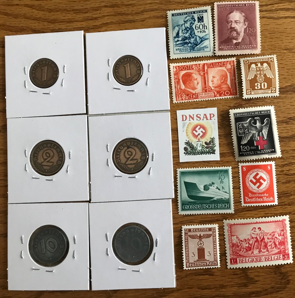 Third Reich Coins and 9 Stamps