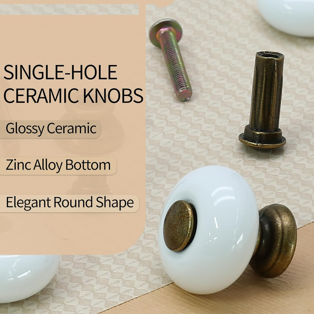 6pcs White Ceramic Drawer Knobs, Vintage Dresser Knobs with Antique Bronze Point