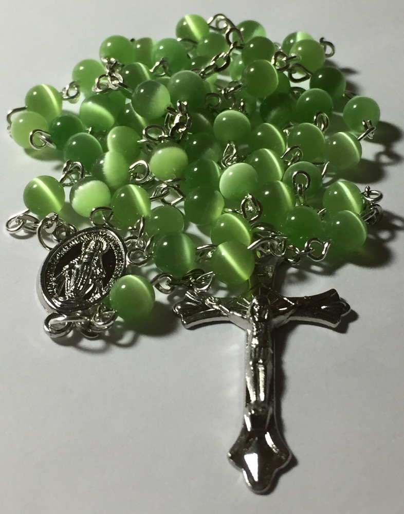 Light Green Cats Eye Catholic Prayer Rosary Beads