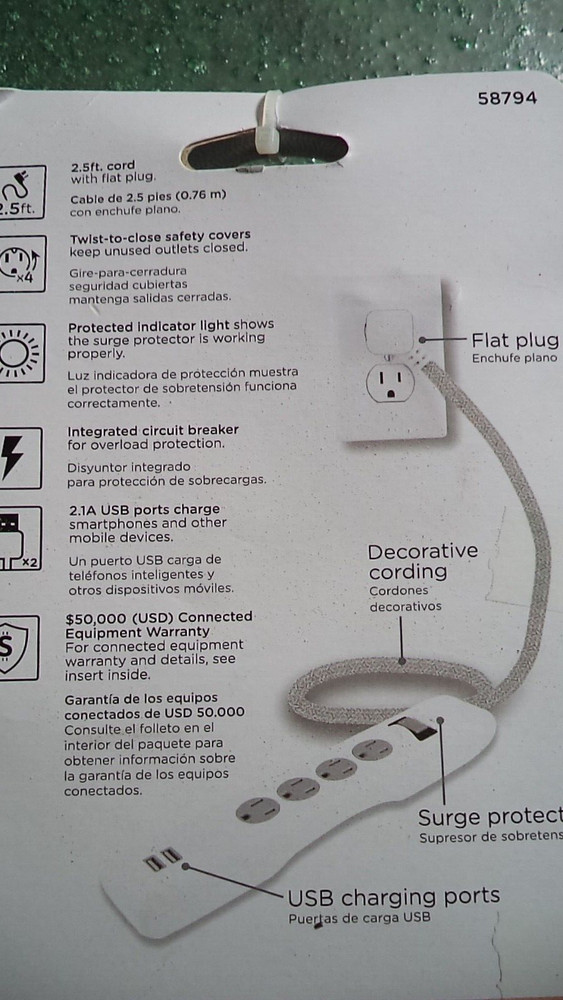 Cordinate USB Charging Surge Protector 2.5 ft with flat plug extension cord NEW