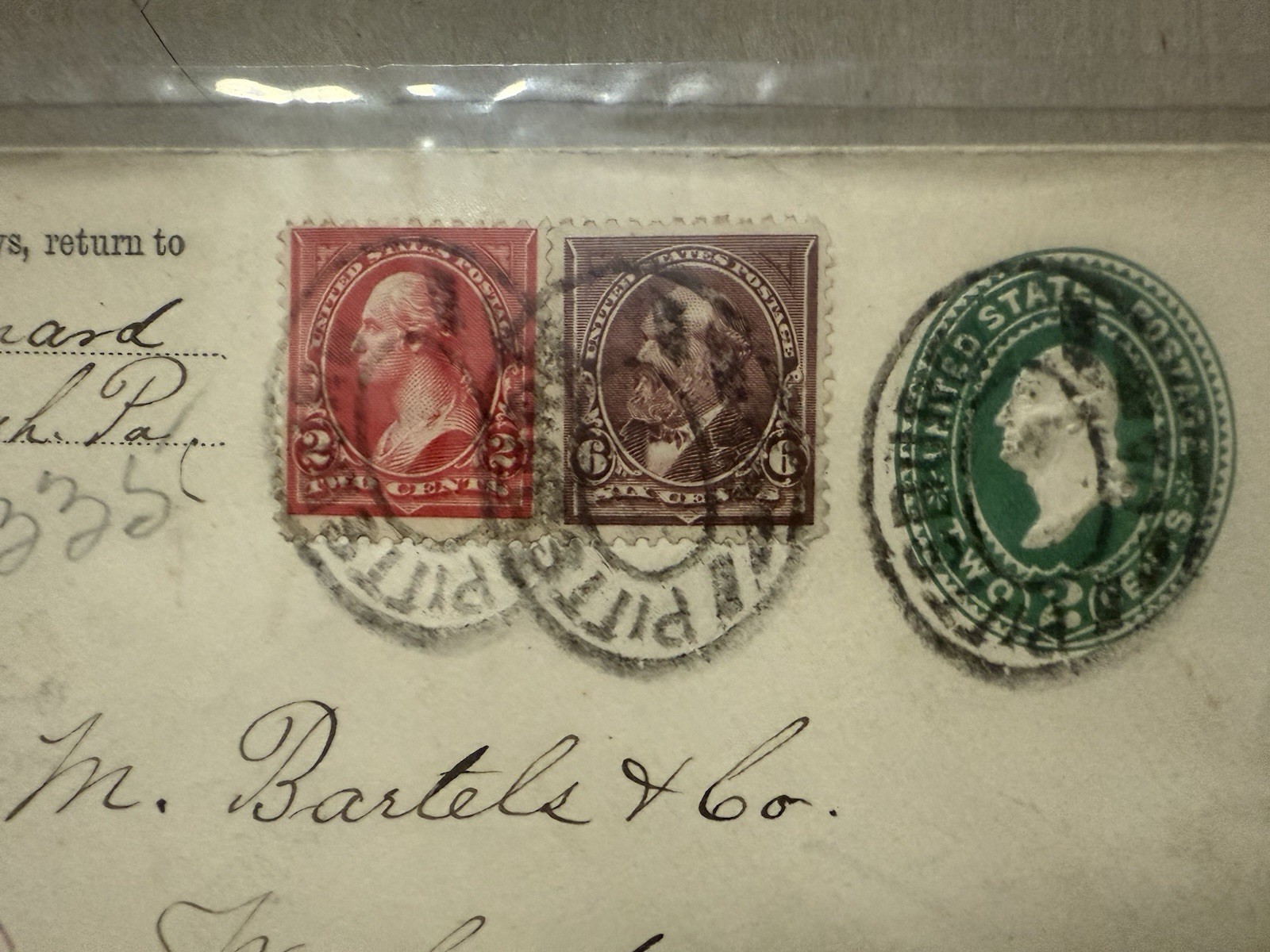 1897 Pitt duplex killer 6c Harrison+2c green embossed+2c red Wash $145 BIN