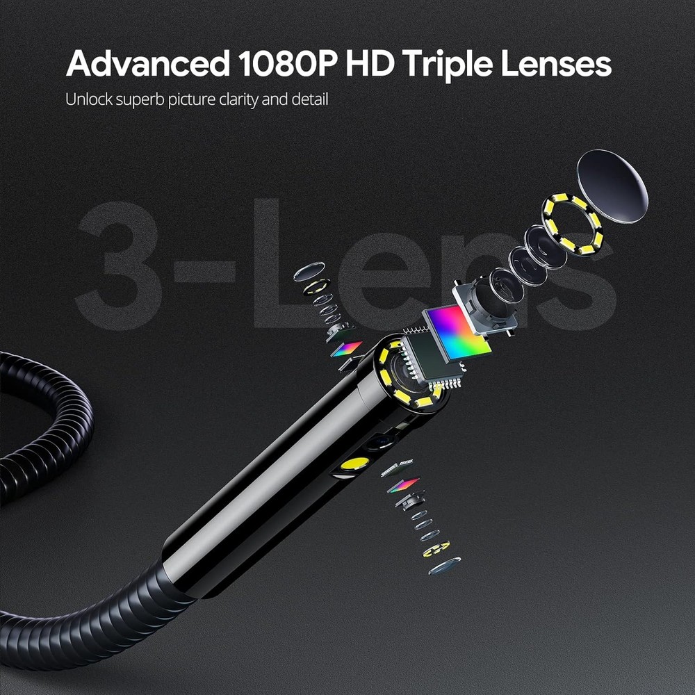 Endoscope, 7'' IPS Screen Borescope Camera with Light, Triple-Lens Inspection Ca