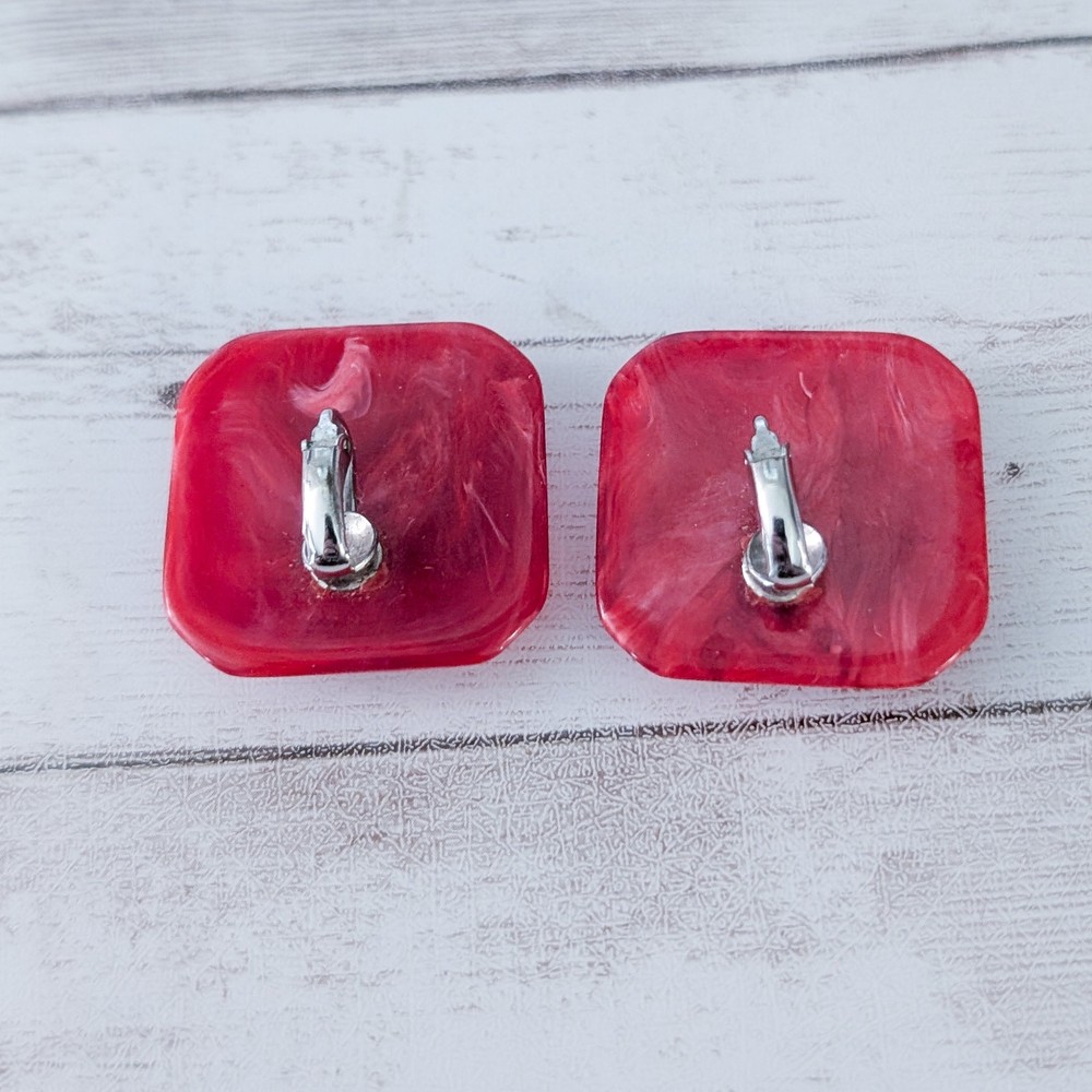 Vintage Clip On Earrings Large Statement Red Square Like