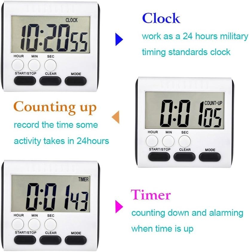 3 Pack 24 Hours Magnetic Kitchen Timers with Digital Alarm Clock Timer, Loud ...