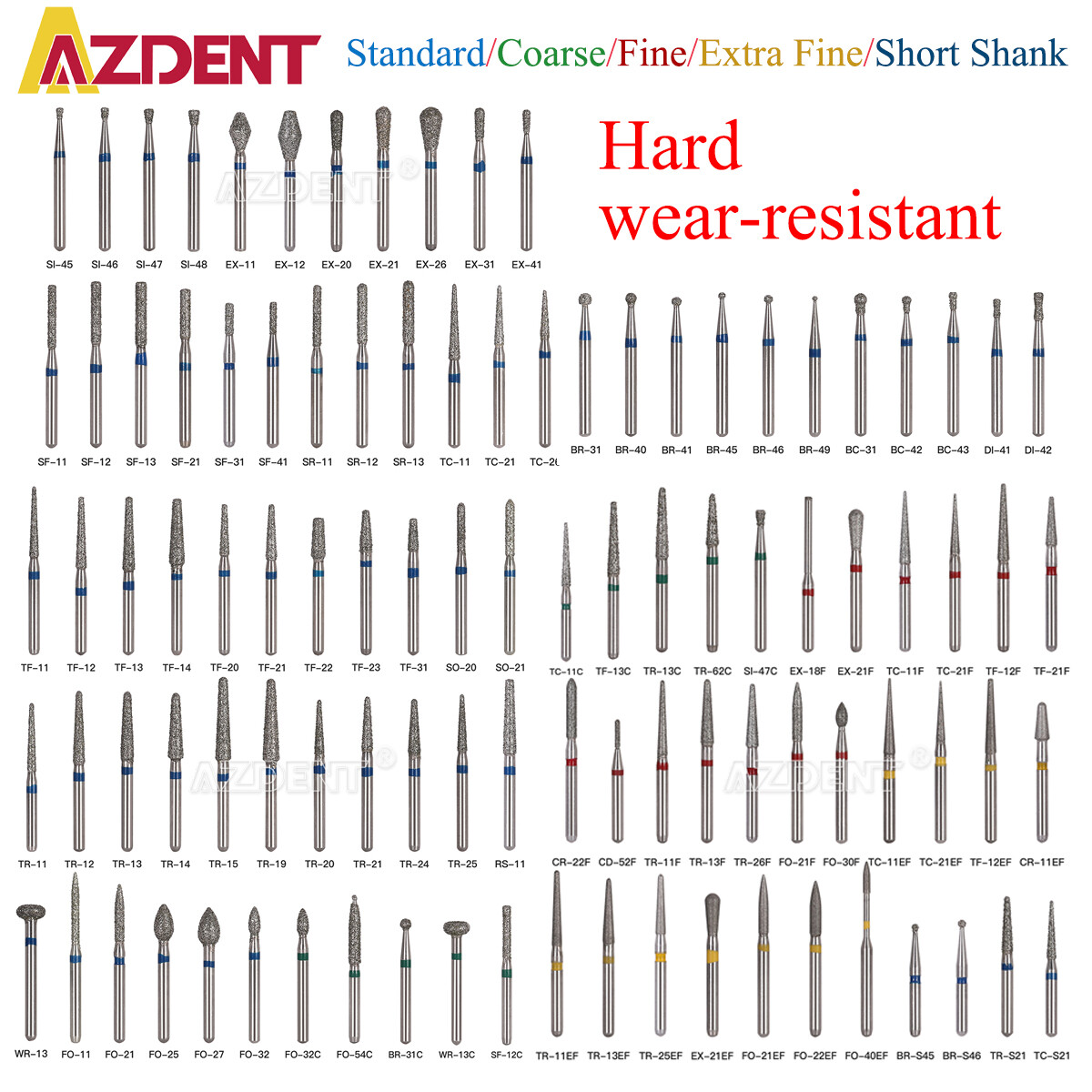 AZDENT Dental Diamond Burs High Speed Handpiece Friction Grip 5/Pc/100Pc/200Pc