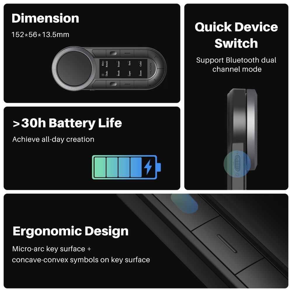HUION Keydial Remote Bluetooth Programmable Keypad Dual Dials 60 Customized Keys
