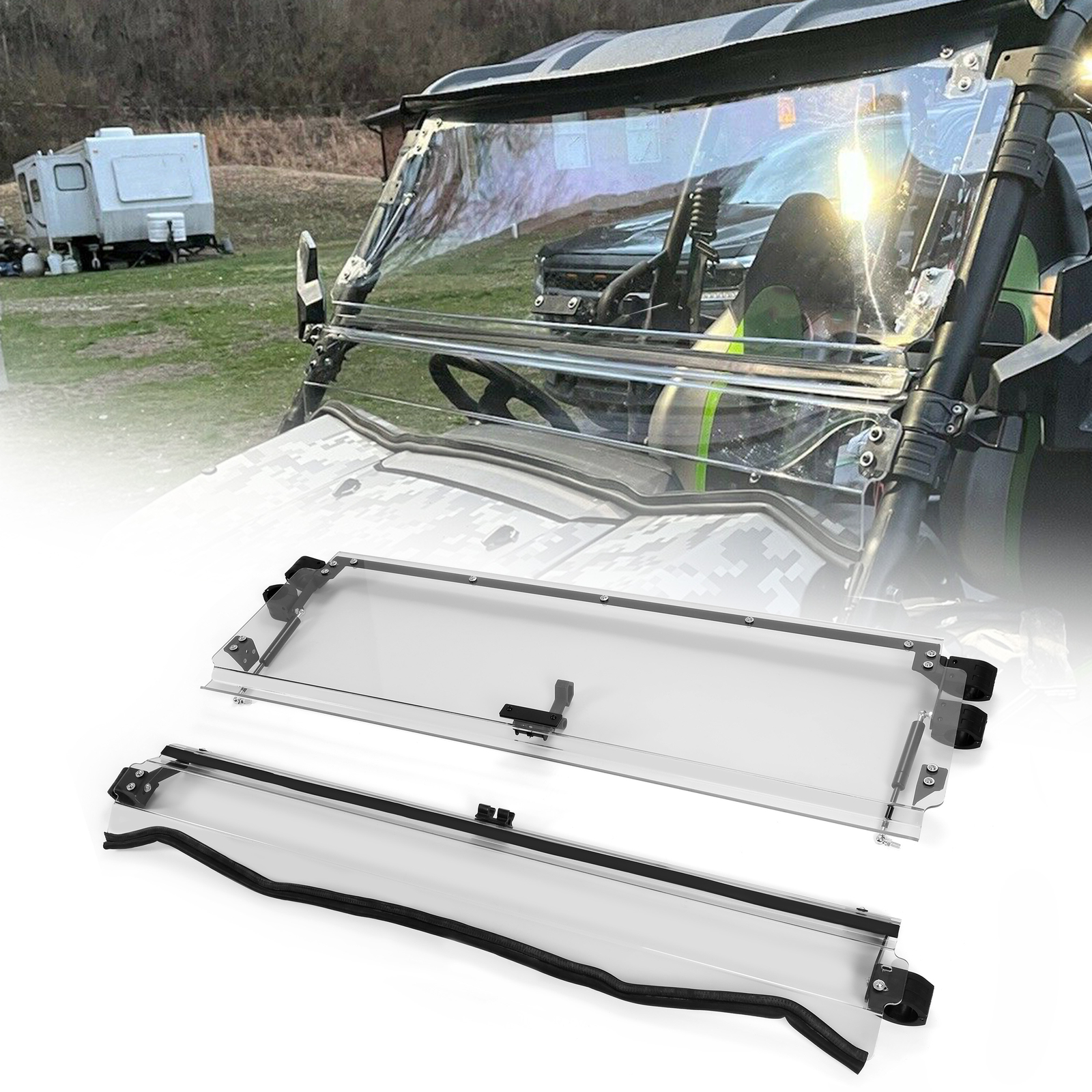 Folding Flip Windshield Scratch Resistant For Kawasaki Teryx 4 800/ 4 S ,2016-23