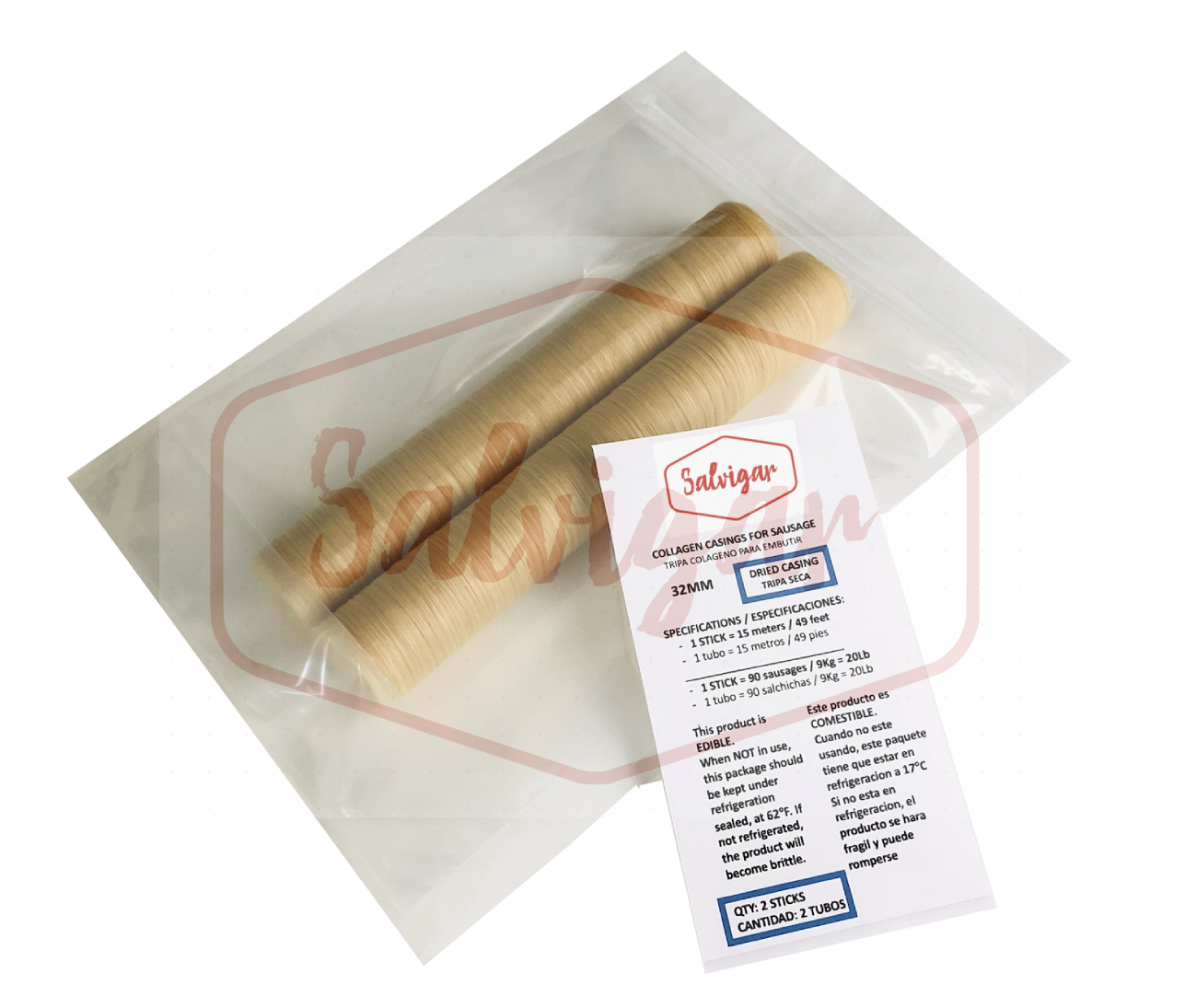 Collagen Casings Dry 33mm / 50ft for stuffing 41.25 Lb 180 sausages 2 sticks