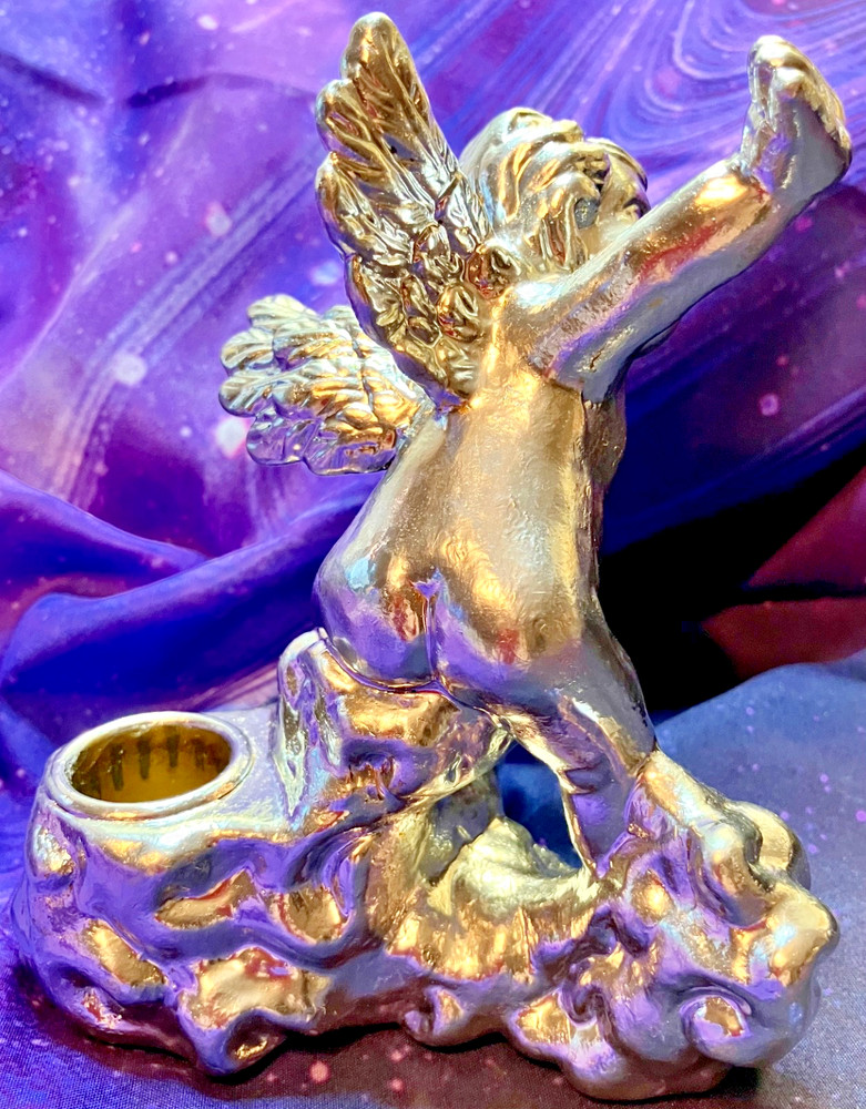 Two Silver Colored Ceramic Baby Cherub Candlestick Holders