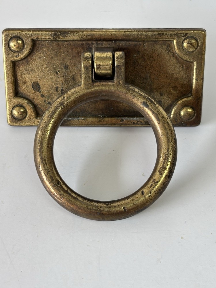 4 Salvage Rectangle Brass Drop Large Ring Double Screw Drawer Pulls 3.75"