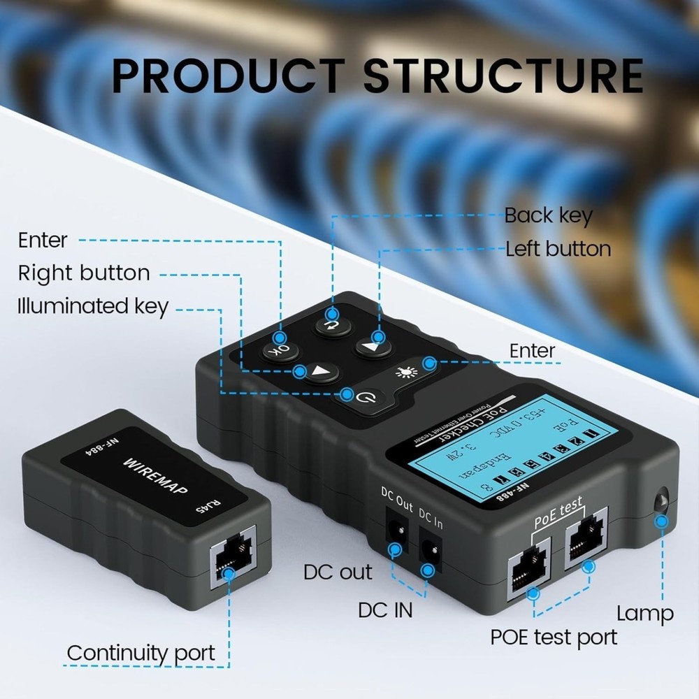 Network Cable Tester With LCD Screen POE Ethernet LAN Power Supply Volt