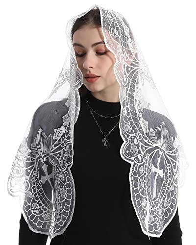 Catholic Mantilla Mass Veil - Triangle Cross Embroidery Church Lace White-1
