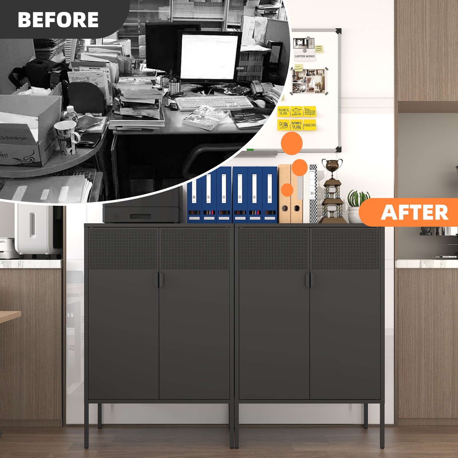 Black Metal Storage Cabinet,2 Door TV Stand, Metal Mesh Accent Cabinet