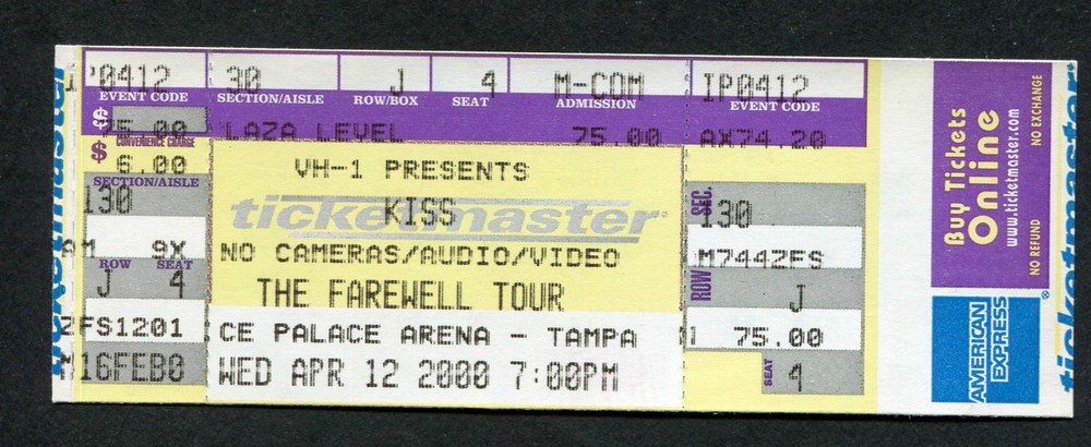 Kiss Skid Row Ted Nugent 2000 unused full concert ticket Tampa Ice Palace Arena