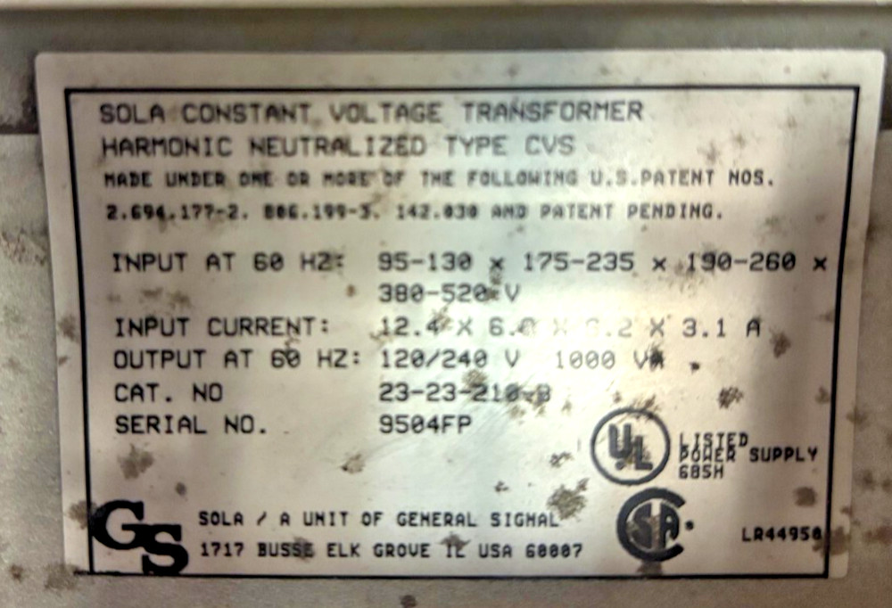 SOLA CVS CONSTANT VOLTAGE STABILIZER - 23-23-210-8 - USED
