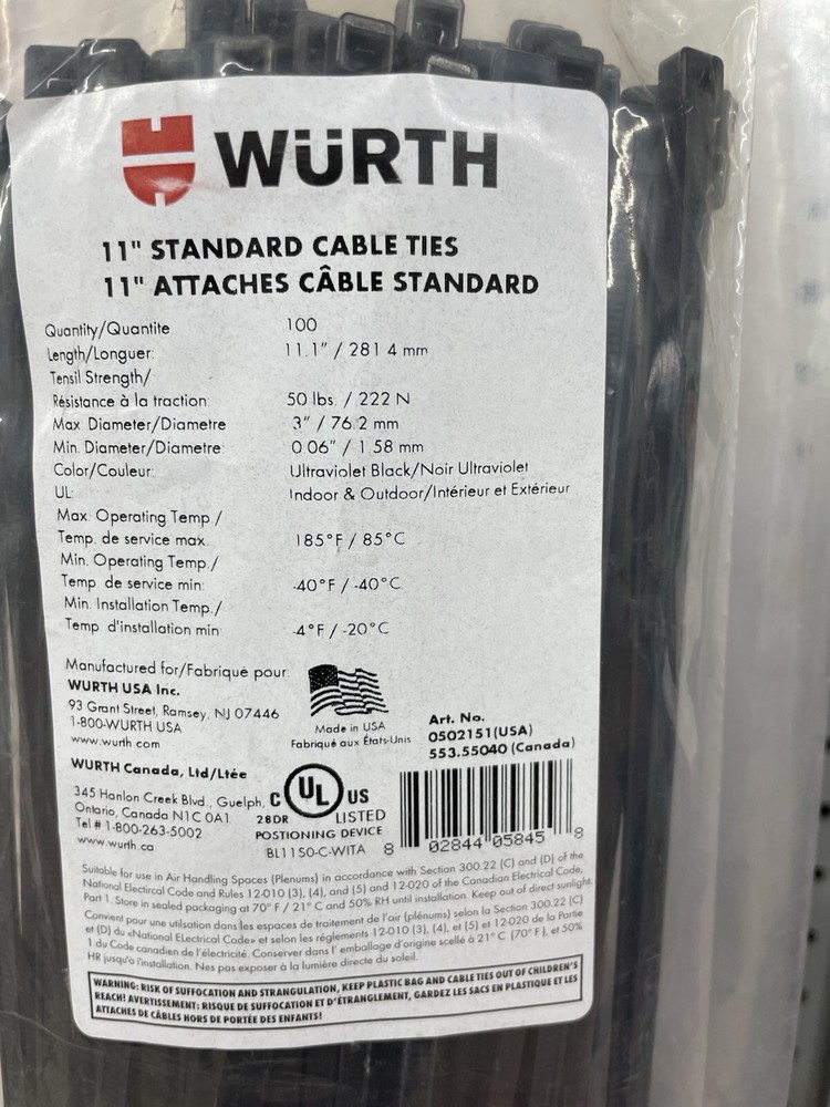 Wurth 11” Standard Cable Ties (100 pack)