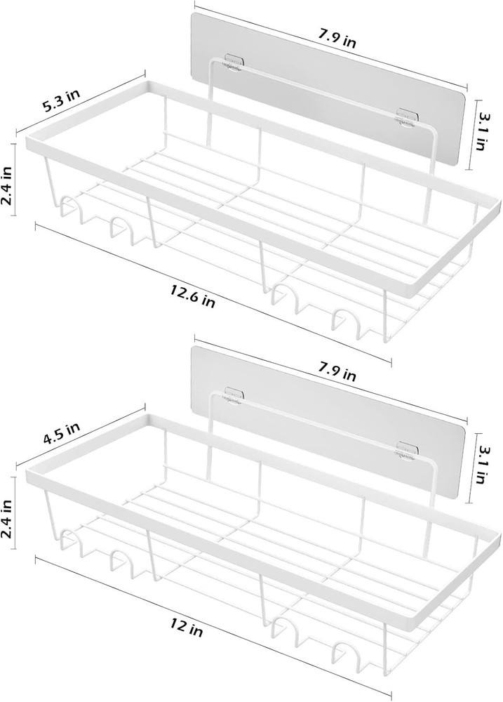 2 Pack Adhesive White Shower Caddy Organizer with Hooks, Rustproof No Drillin...