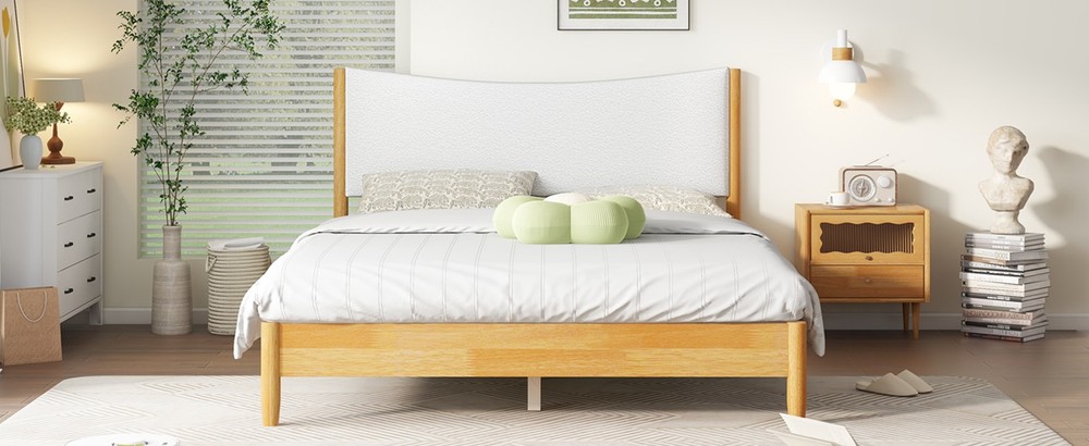 Queen Size,Solid Rubber Wooden Bed with Boucle Upholstered Headboard,Enhanced by