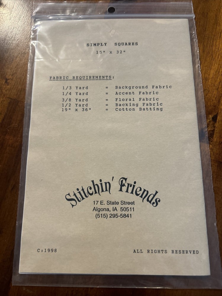 Simply Squares Table Runner Pattern #981 Stitchin Friends New
