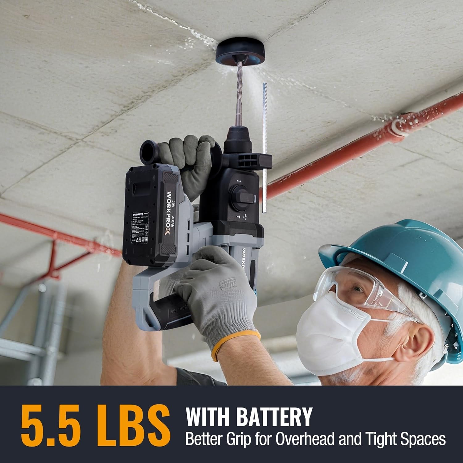 WORKPROX 20V Cordless Rotary Hammer Drill 7/8" SDS-Plus Brushless w/4.0A Battery