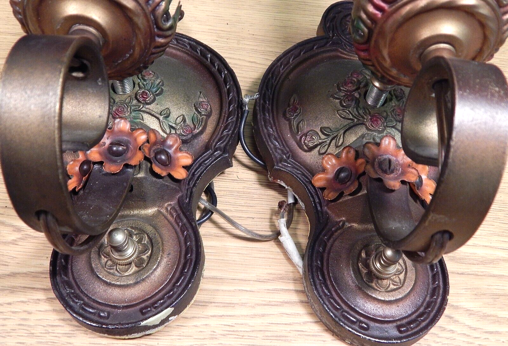 PAIR ART DECO CAST IRON WALL SCONCES POLYCHROMED ORIGINAL
