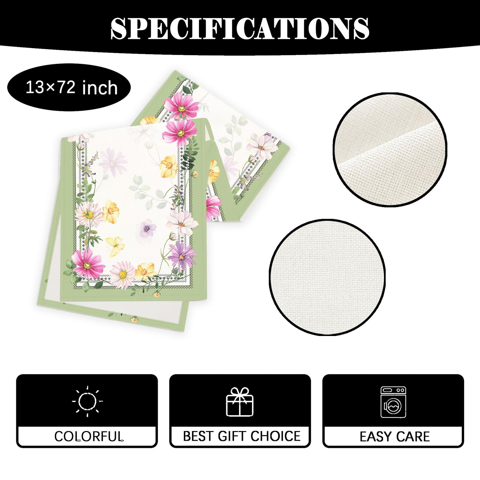 Farmhouse Spring Table Runner Flower Floral Table Cover Pastel Green Leaf Dec...