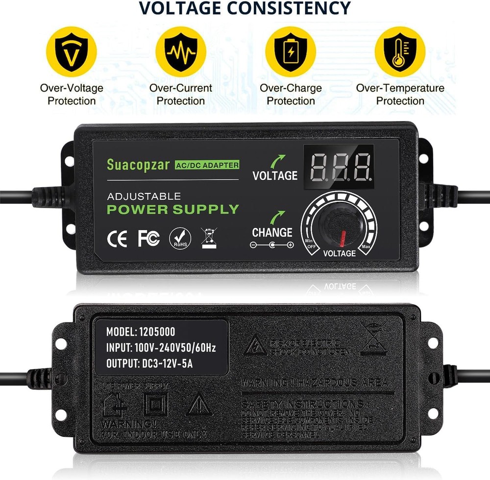 60W Power Supply Adjustable DC 3V ~ 12V 5A, Variable Universal 3-12V 5A