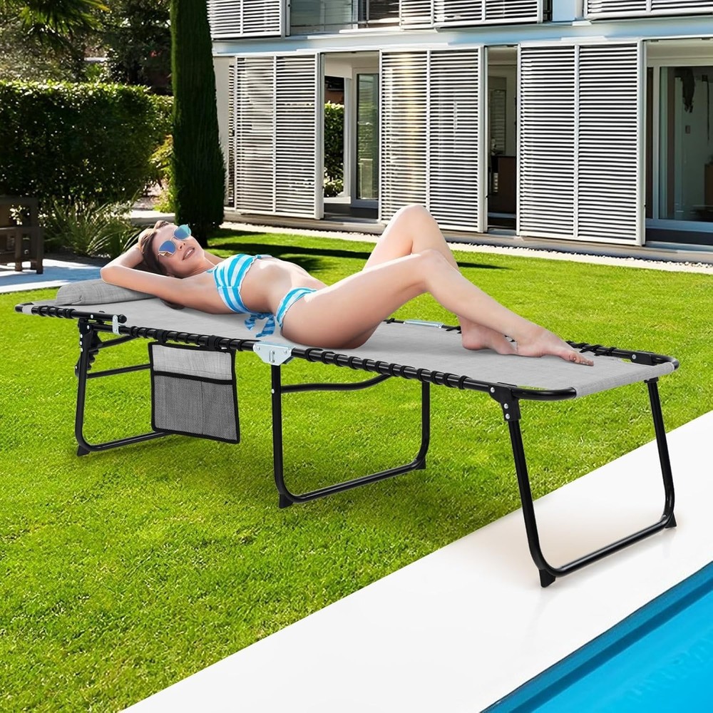 Grey Foldable Patio Lounge Chair with Headrest, 4-Position Adjustable Backrest