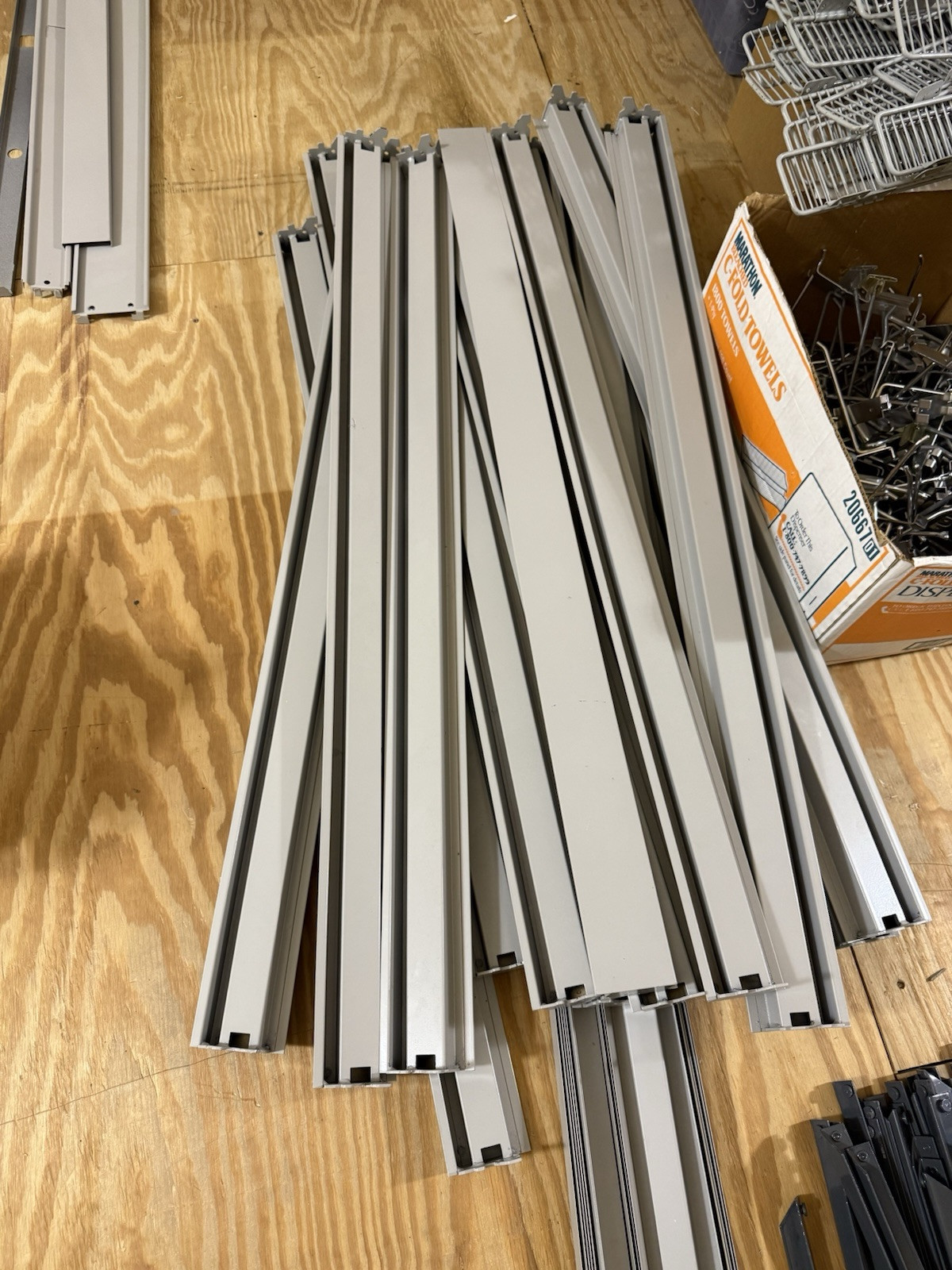 HUGE lot of pallets of Used Lozier Shelving shelves, components, glass cases