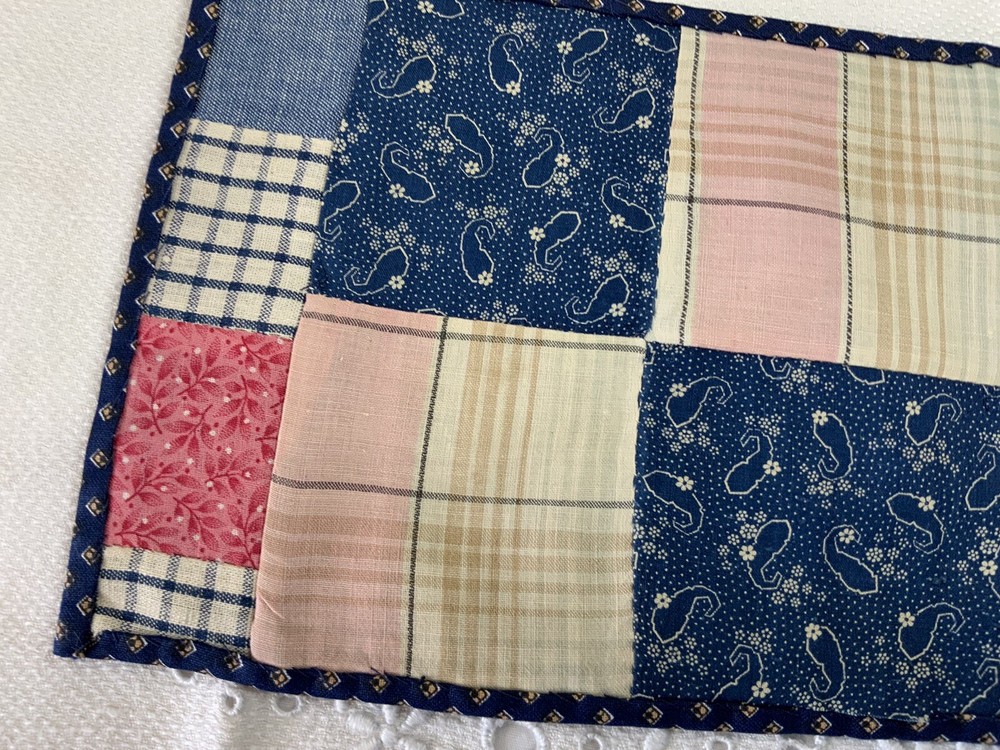 Vintage Patchwork Quilt Table Topper Or Doll Quilt, 4 Patch, Blue