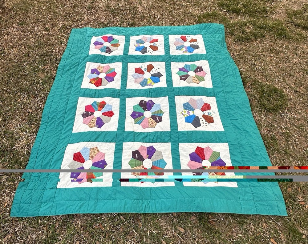Vintage Handmade Quilt 80x88 Teal Blue Patchwork