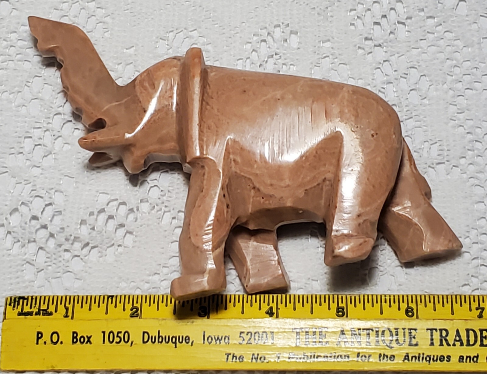 Natural Pink Blush Stone Elephant Hand Carved Marble Trunk Up for Good Luck Vtg