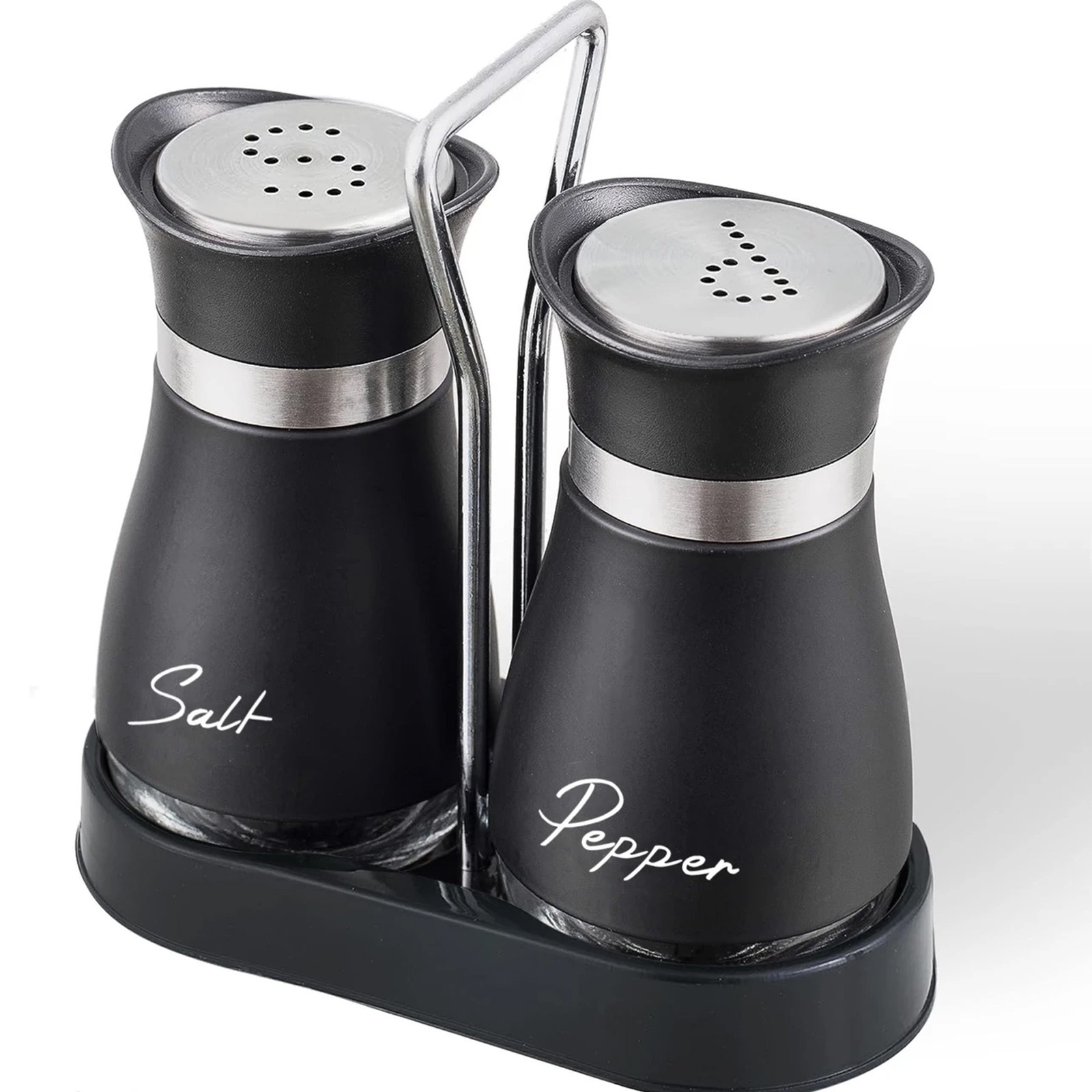 Salt and Pepper Shakers Set with Holder, Stainless Steel and Glass Dispenser