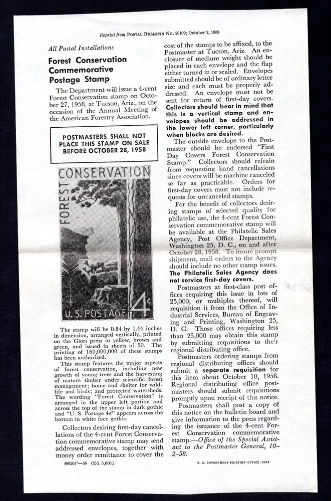 US 1958 FROM THE POSTMASTER GENERAL COLLECTION OF 5 FDCS FOREST CONSERVATION