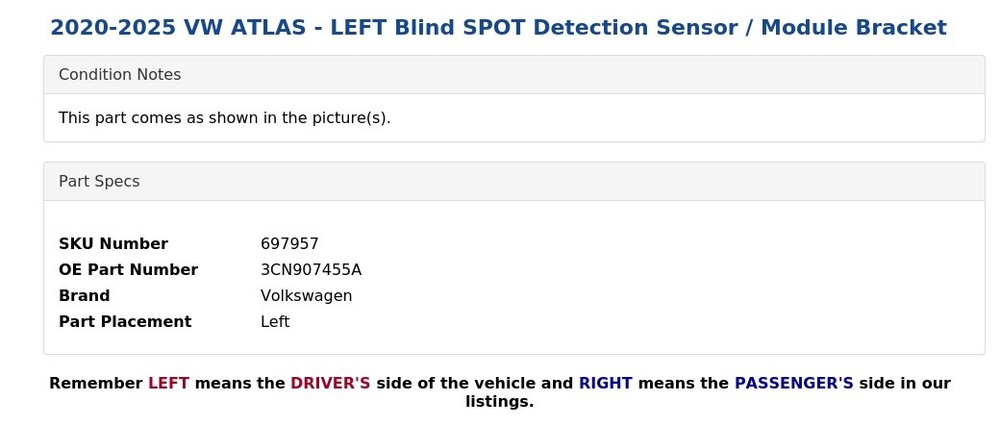 2020-2025 VW ATLAS - LEFT Blind SPOT Detection Sensor / Module Bracket
