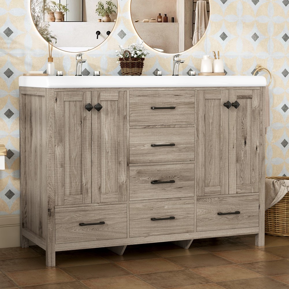Premium Double Sink Vanity Combo with Two Ceramic Basins & Multi Layer Storage