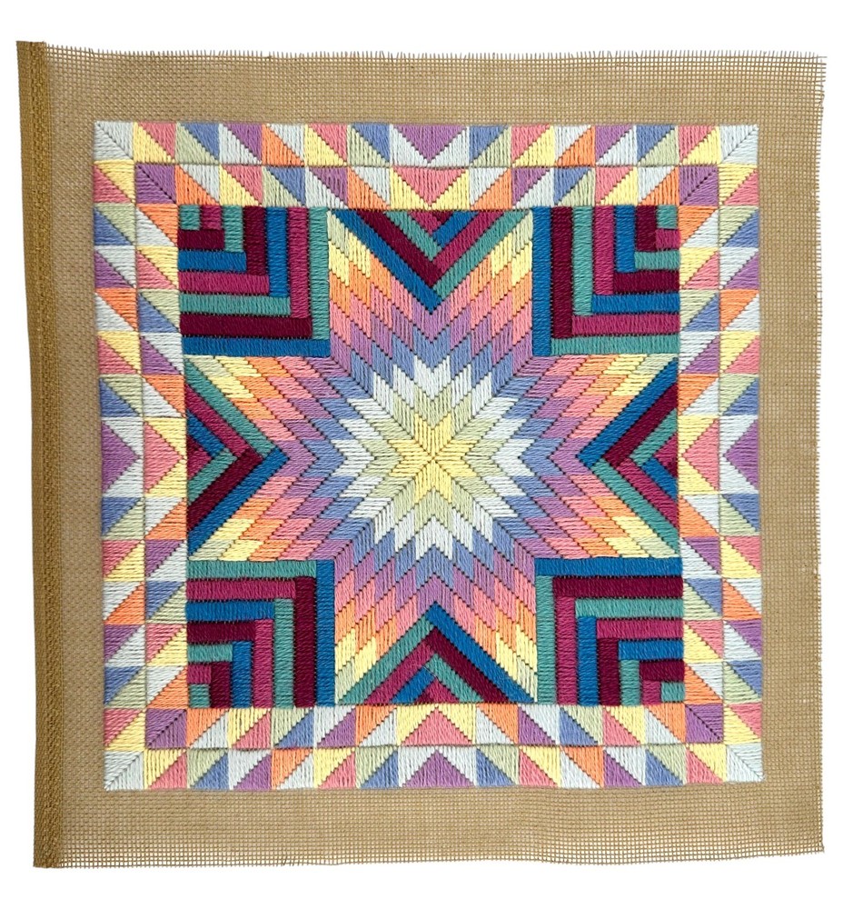 Vintage Needlepoint Star Geometric Rainbow Textile Finished Needlework